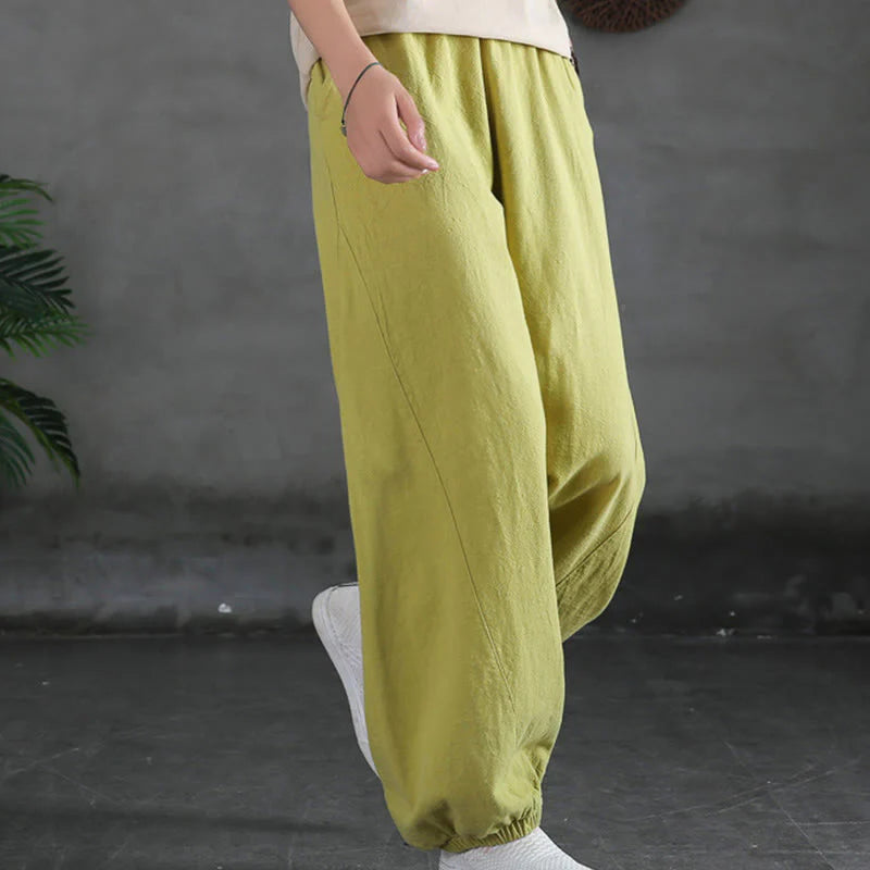 Buddha Stones Plain Color Ramie Linen Cotton Pants With Pockets