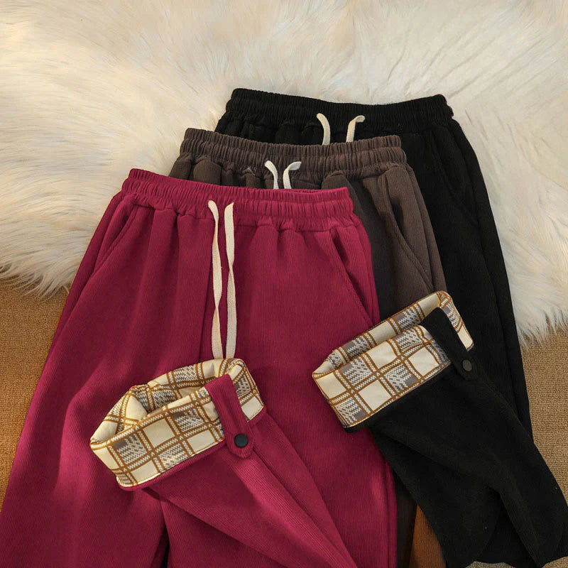 Buddha Stones Women's Patchwork Cotton Corduroy Fleece-Lined Wide Leg Pants With Pockets