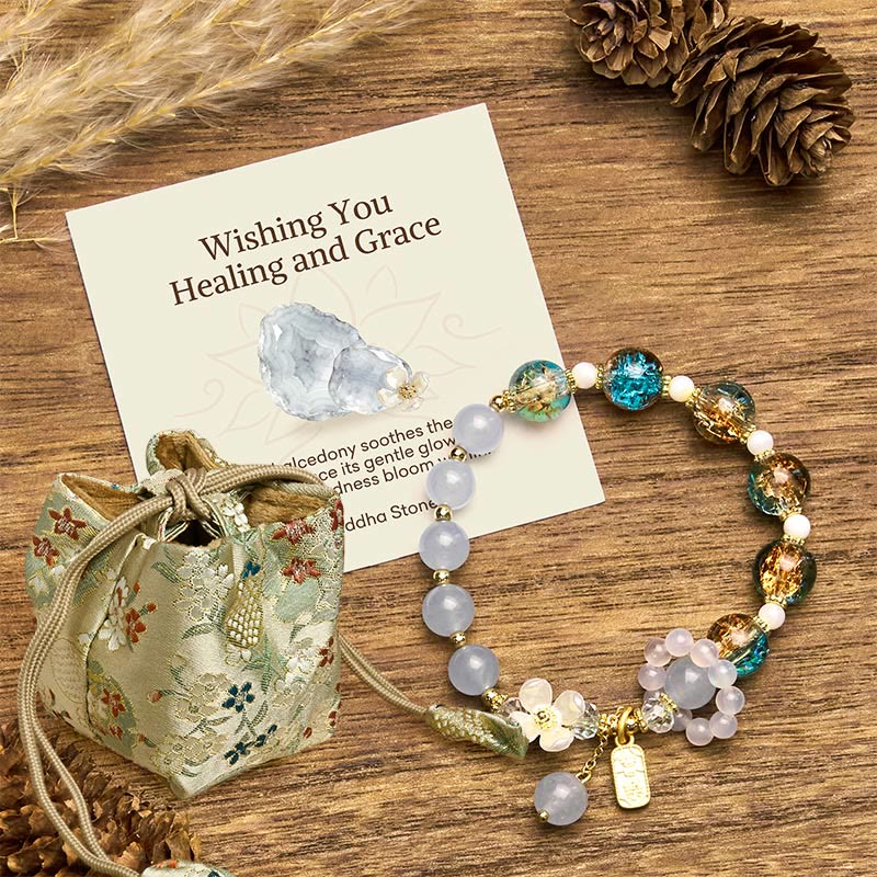 Buddha Stones Wishing You Healing and Grace Blue Chalcedony Bracelet Includes Gift Message Card