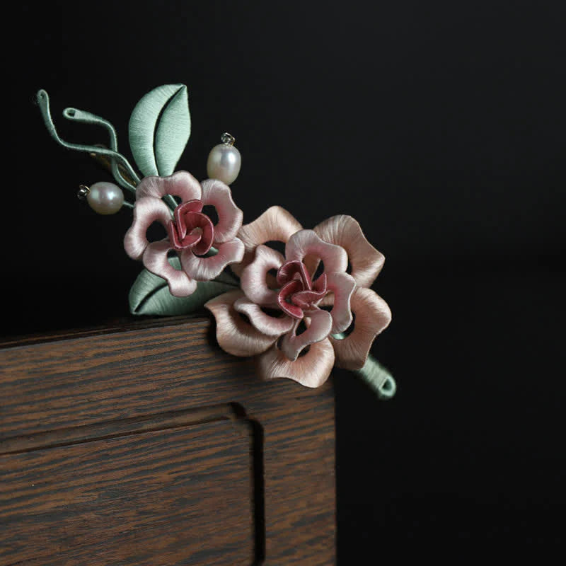 Buddha Stones Handcrafted Silk Art Twin Rose Flower Blessing Harmony Brooch