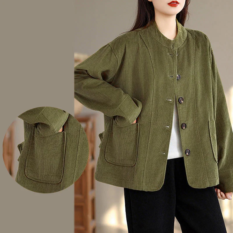 Buddha Stones Buttons Design Corduroy Long Sleeve Women's Jacket With Pockets