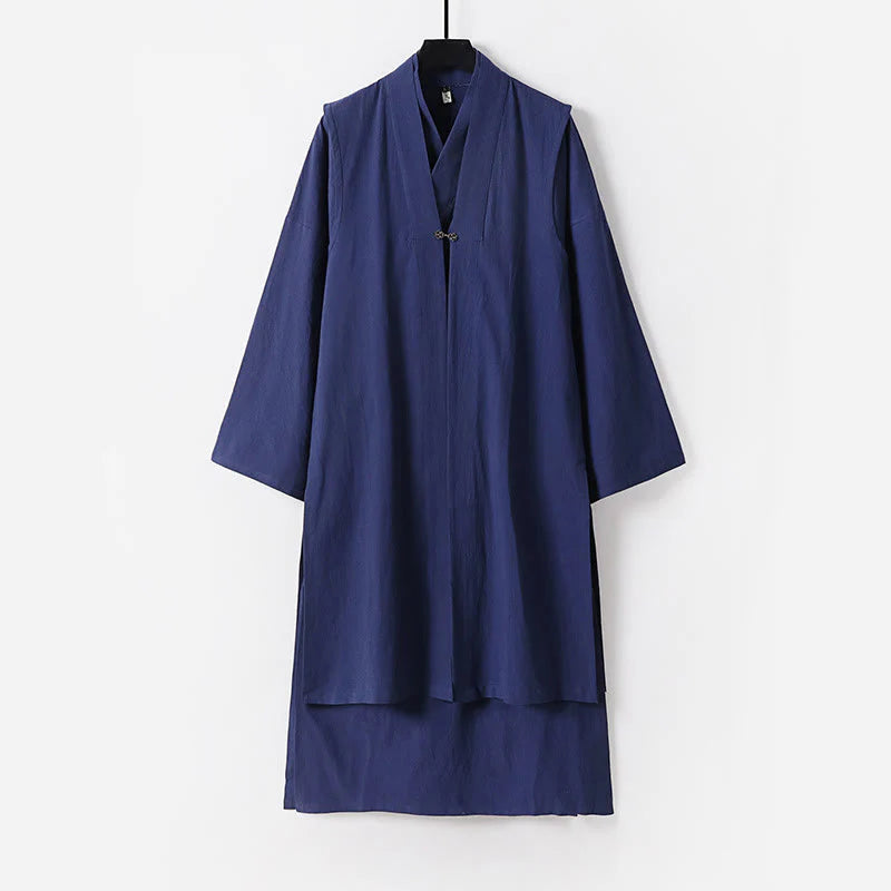 Buddha Stones 2Pcs Wudang Fall Solid Long Sleeve Men's Taoist Long Robe Sleeveless Vest Lace-up Kimono Ceremony Suit