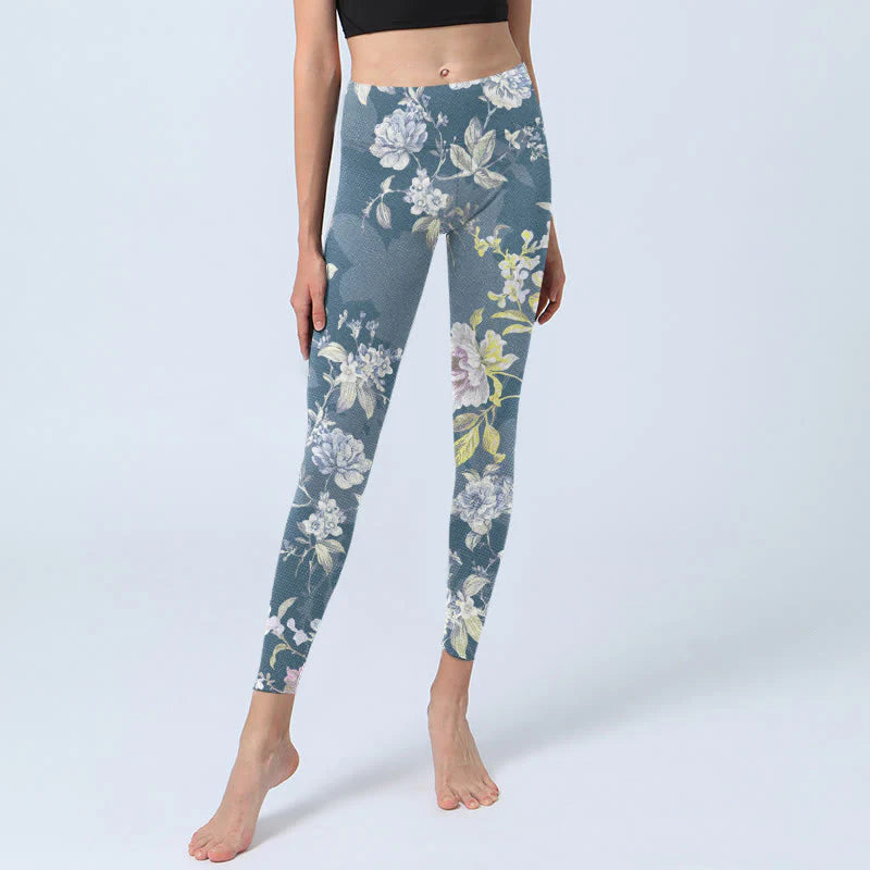 Buddha Stones Softly Colored Flower Leaf Pattern Print Gym Leggings Women's Yoga Pants