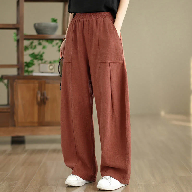 Buddha Stones Solid Color Cotton Linen Women's Straight Leg Pants With Pockets