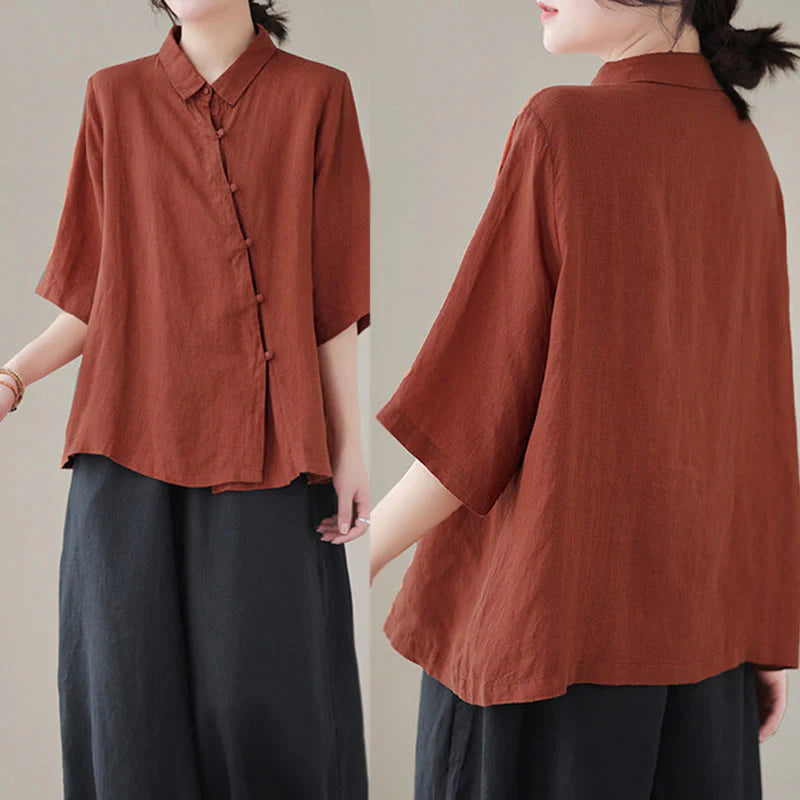 Buddha Stones Lapel Frog-Button Diagonal Placket Design Three Quarter Sleeve Women's Cotton Shirt