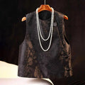 Buddha Stones Black Peony Flowers Frog-Button Pattern Cotton Women's Sleeveless Vest Waistcoat