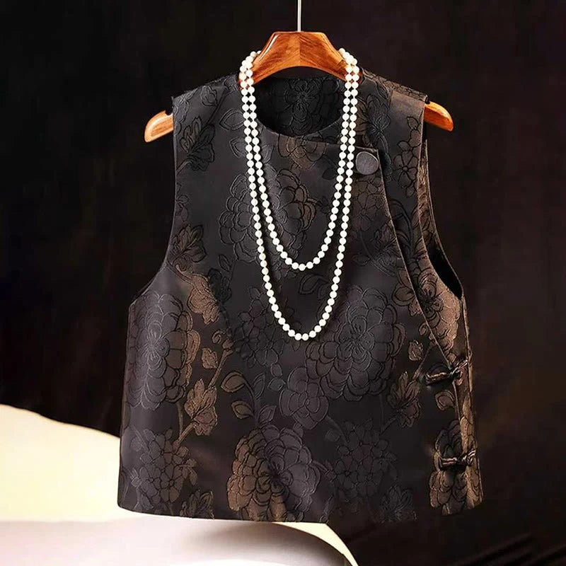 Buddha Stones Black Peony Flowers Frog-Button Pattern Cotton Women's Sleeveless Vest Waistcoat