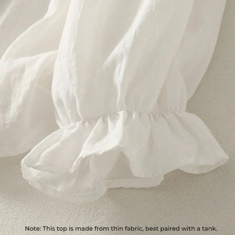 Buddha Stones White Buttons Ruffled Long Sleeve Women's Cotton Shirt