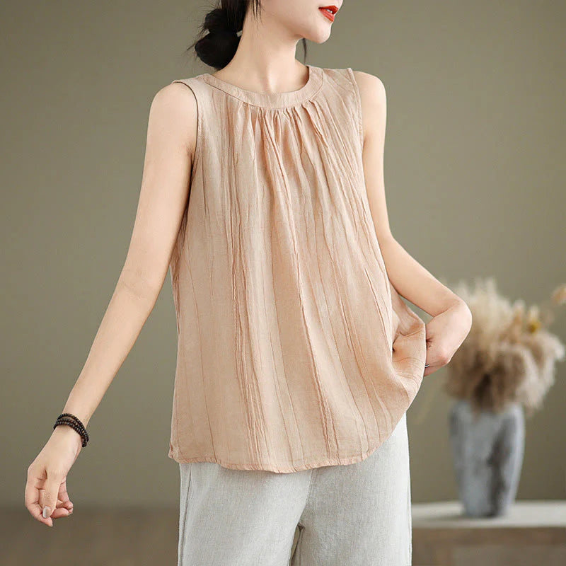 Buddha Stones Summer Wrinkles Simple Design Crew Neck Cotton Linen Women's Sleeveless Vest Waistcoat