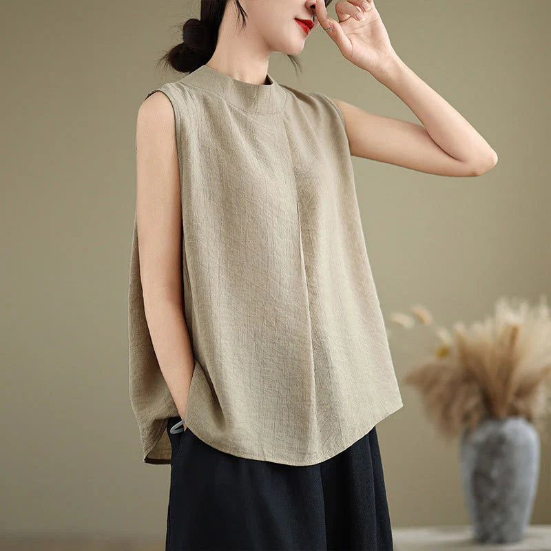 Buddha Stones Casual Plain Back Buttom Design Stand Collar Cotton Linen Women's Sleeveless Vest