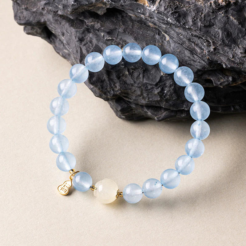 Buddha Stones Natural Aquamarine Fu Character Lucky Fortune Healing Bracelet