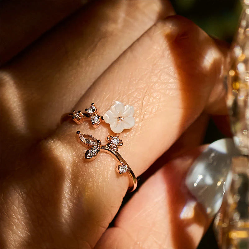 Buddha Stones White Flower Design Adjustable Healing Copper Ring