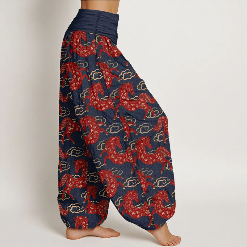 Buddha Stones Cotton Gorgeous Horse Cloud Pattern Women's Elastic Waist Harem Pants
