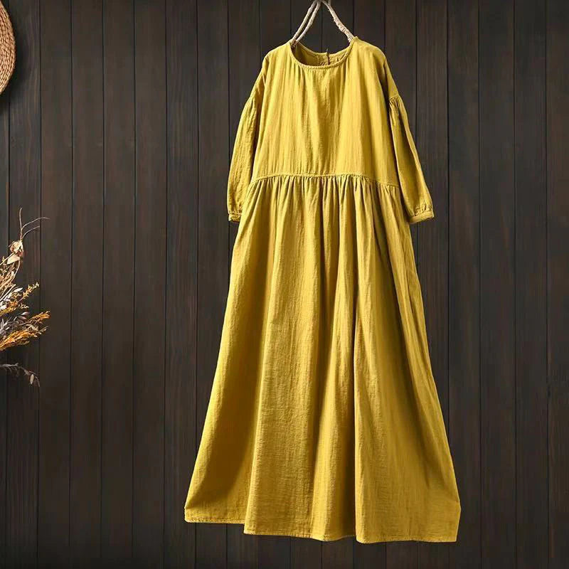 Buddha Stones Summer Solid Color Crew Neck Half Sleeve Cotton Midi Dress With Pockets