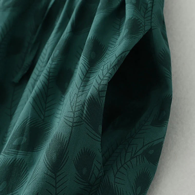 Buddha Stones Spring Grass Vines Print Buttons Design Long Sleeve Midi Dress With Pockets