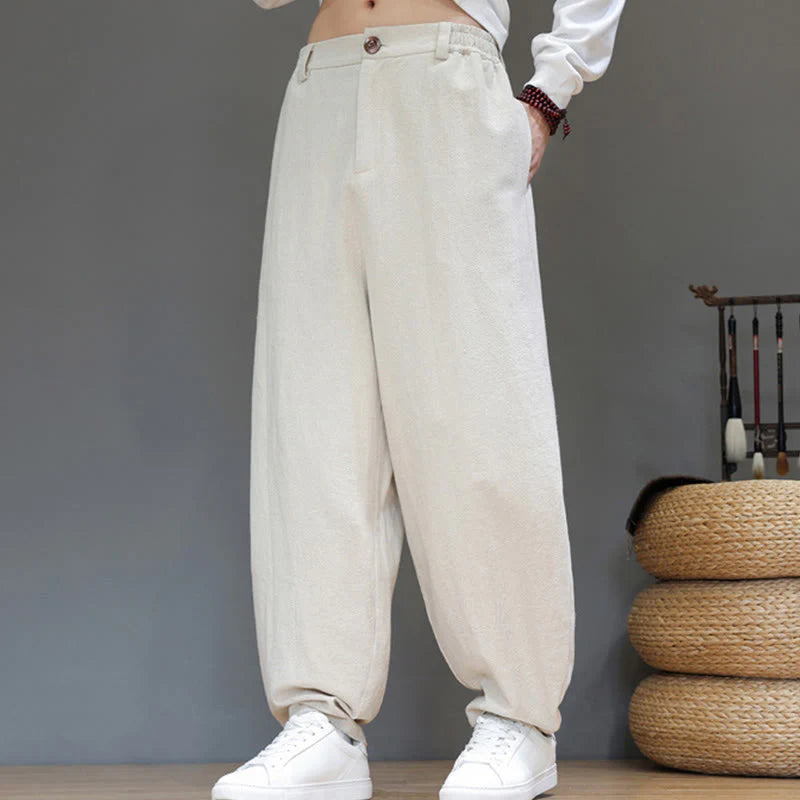 Buddha Stones Fall Sports Men's Pure Color Button Design Cotton Pants With Pockets
