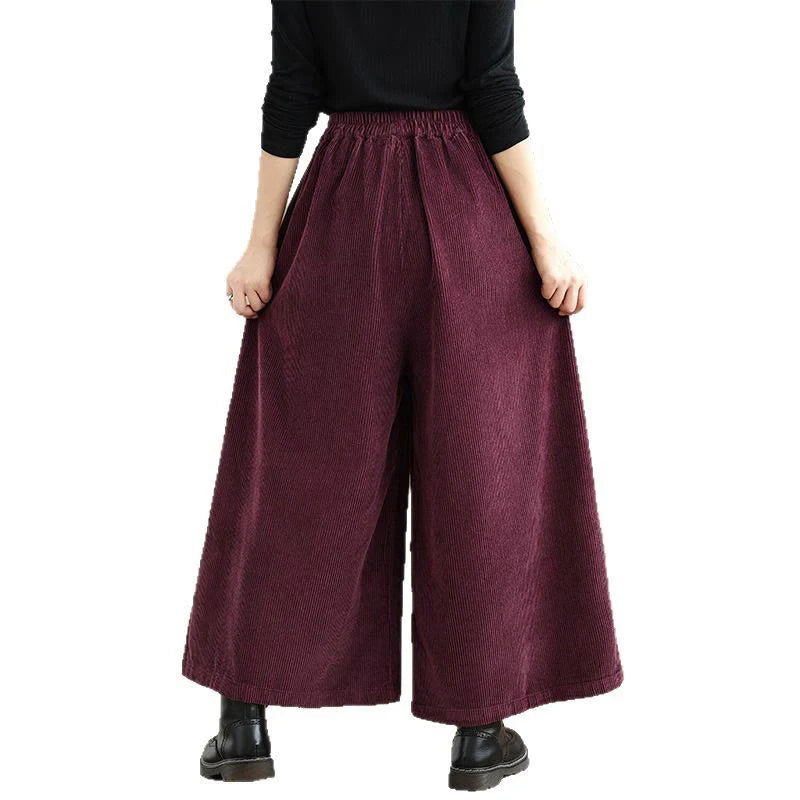 Buddha Stones Women's Pure Color Drawstring Design Wide Leg Corduroy Pants With Pockets