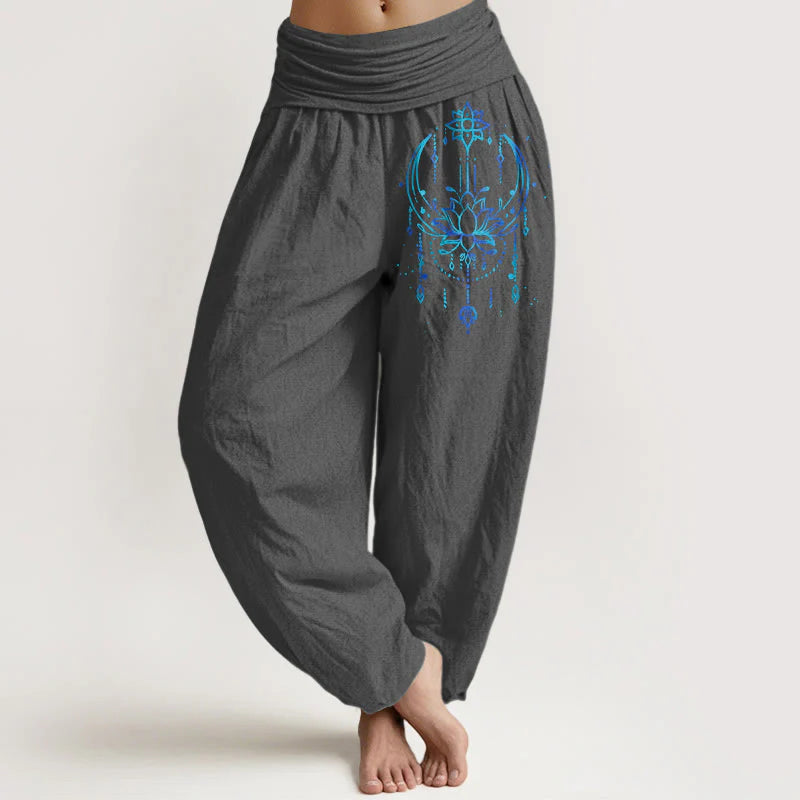 Buddha Stones Pure Cotton Elegant Lotus Pattern Women's Elastic Waist Harem Pants