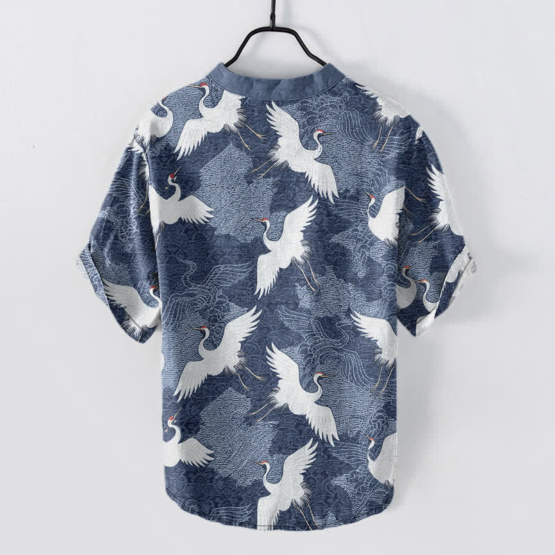 Buddha Stones Crane Short Sleeve Men's Shirt Resort Casual