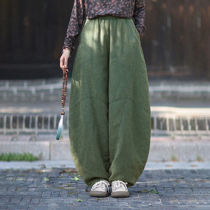 Buddha Stones Winter Elastic Waist Ramie Cotton Thermal Women's Pants With Pockets