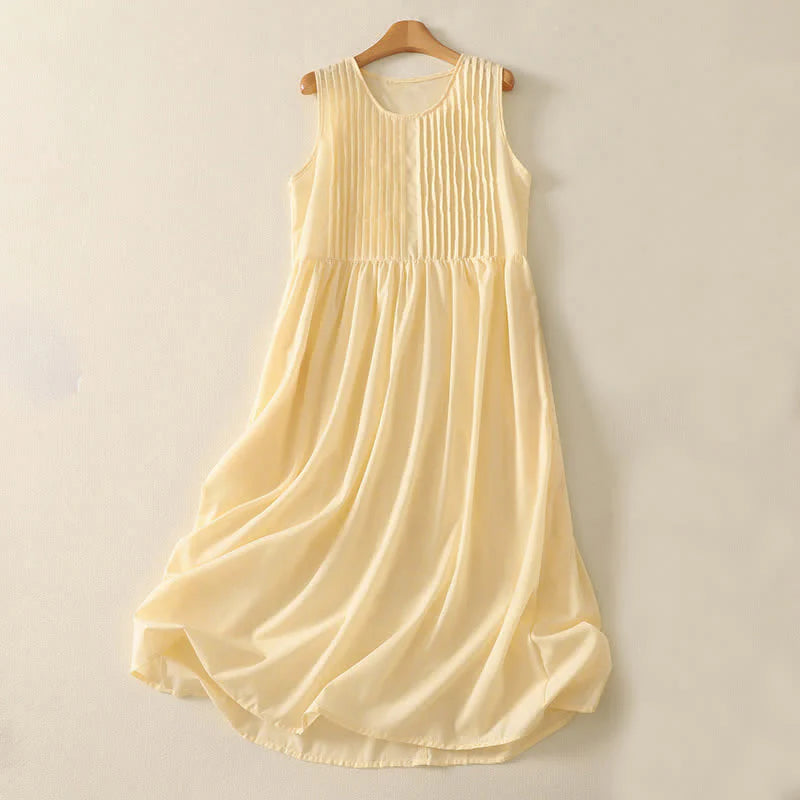 Buddha Stones Summer Pure Color Accordion Pleats Sleeveless Knee Length Dress With Pockets