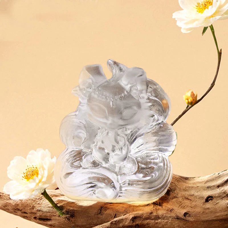 Buddha Stones Natural White Crystal Mini Small Nine Tailed Fox Carved Healing Home Decoration
