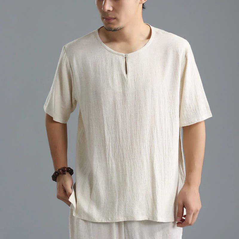 Buddha Stones Men's Solid Color Round Neck Short Sleeve CottonÂ Linen Shirt