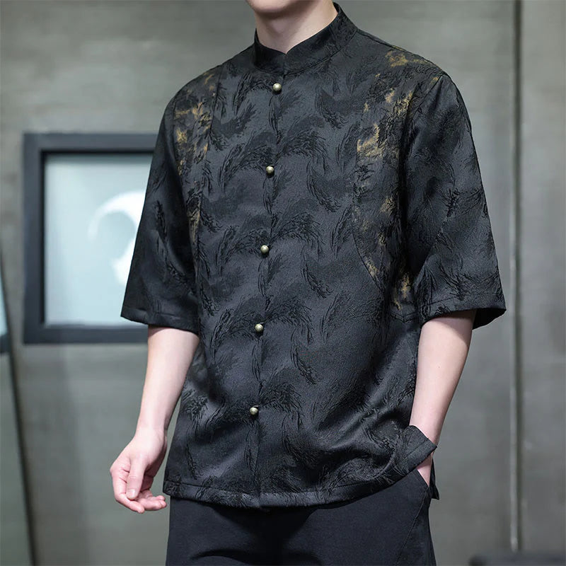 Buddha Stones Textured Jacquard Bagua Pattern Button Tang Suit Men's Half Sleeve Cotton Shirt