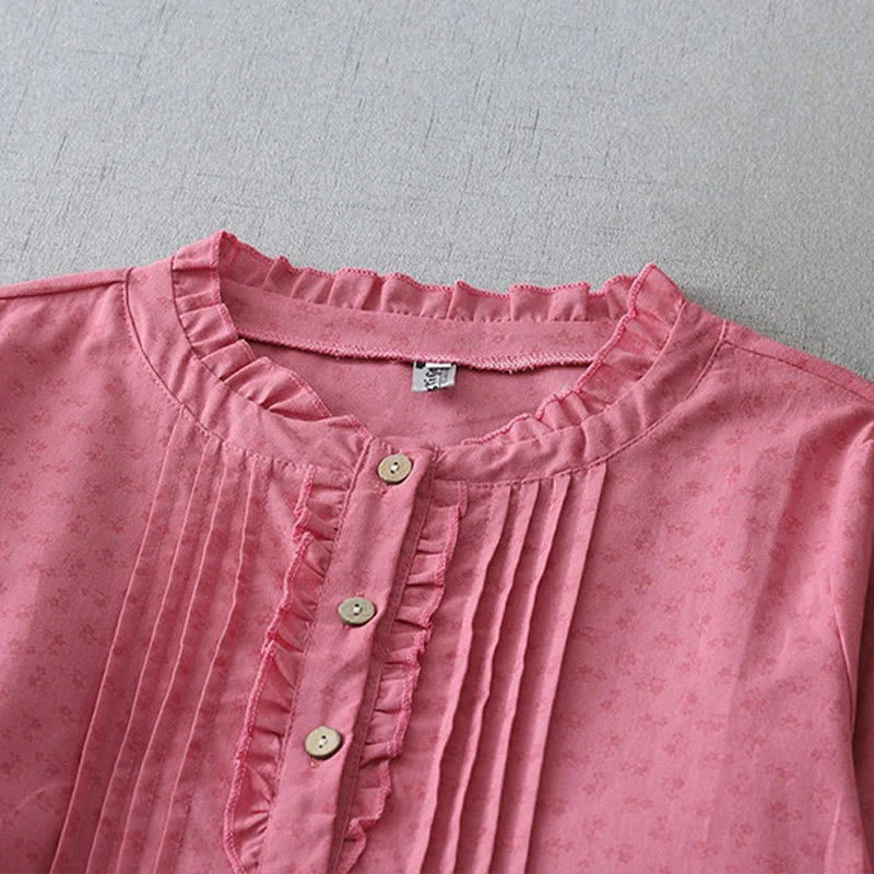 Buddha Stones Casual Retro Solid Color Button Ruffled Crew Neck Design Short Sleeve Cotton Linen Midi Dress With Pockets