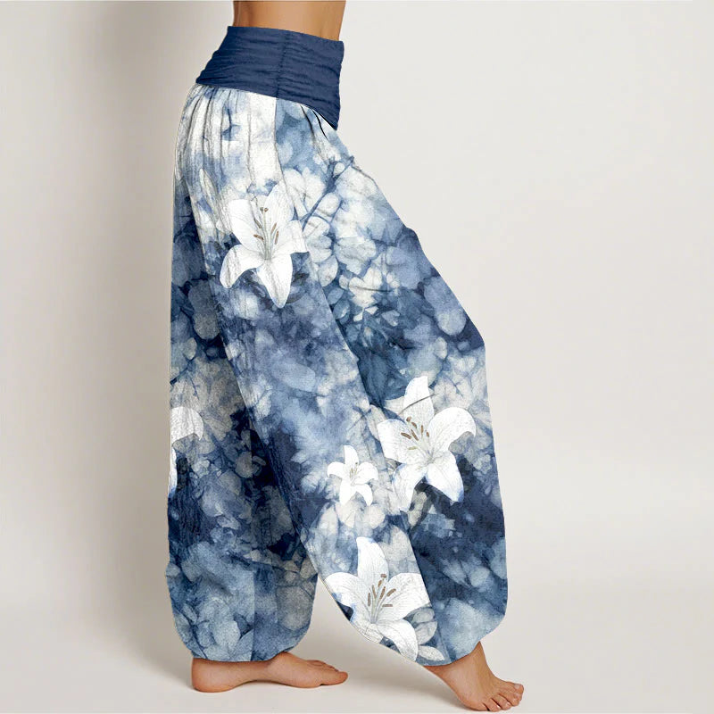 Buddha Stones Pure Cotton Watercolor Style Lily Pattern Women's Elastic Waist Harem Pants