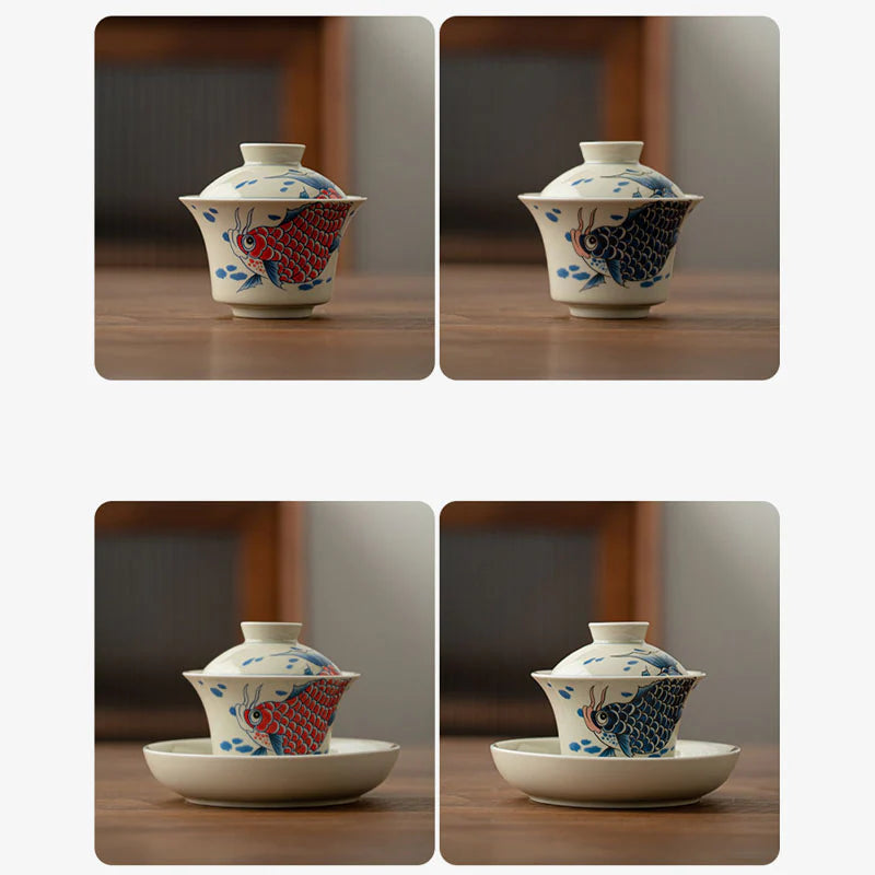 Buddha Stones Koi Fish Arowana Ceramic Gaiwan Sancai Teacup Kung Fu Tea Cup With Lid 130ml