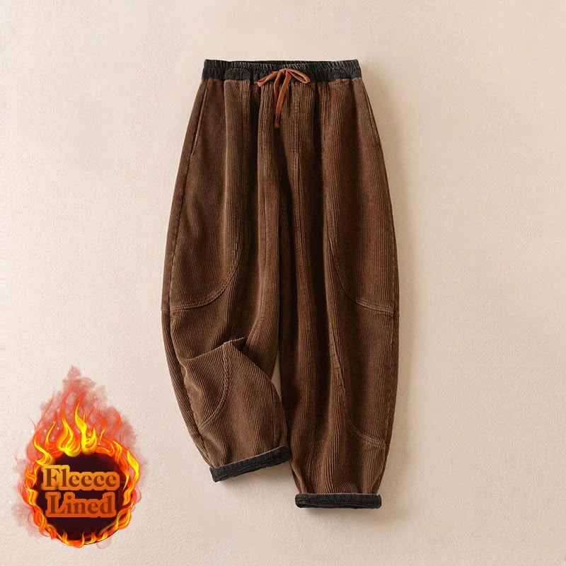 Buddha Stones Color Contrast Corduroy Cotton Women's Thermal Fleece-Lined Harem Pants With Pockets