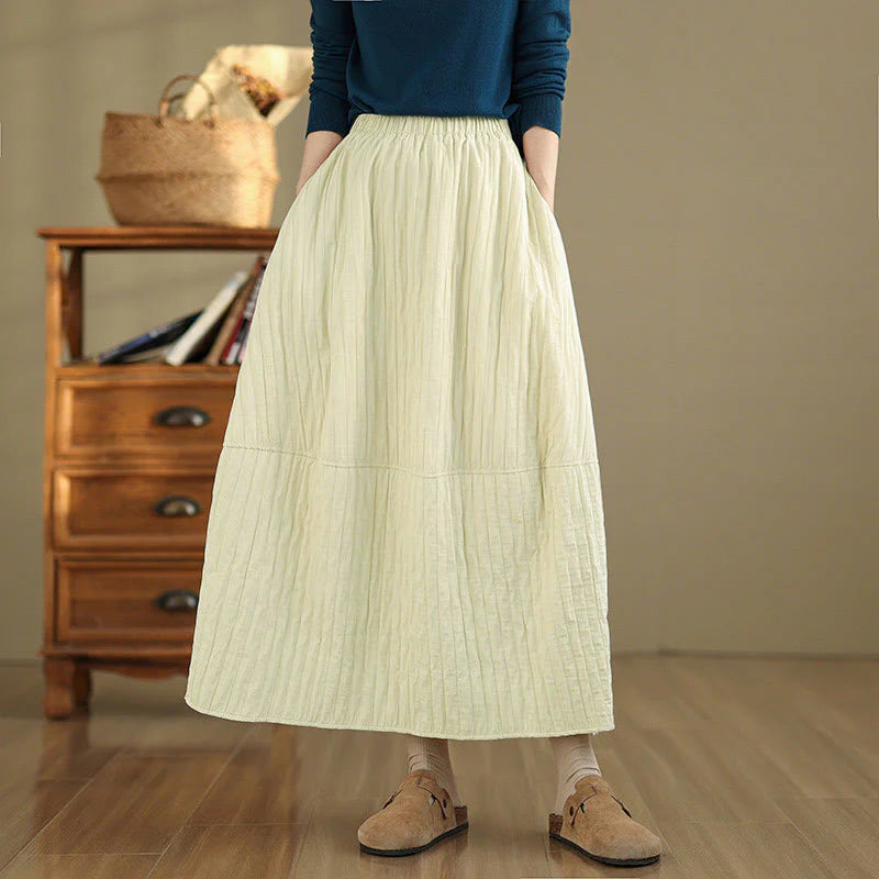 Buddha Stones Plain Pleats Design Elastic Waist Women's Thermal Skirt With Pockets