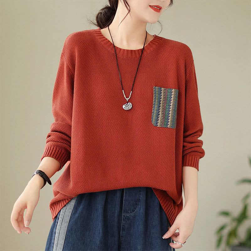 Buddha Stones Fall Floral Decorative Pocket Pattern Knitted Cotton Women's Long Sleeve Sweater