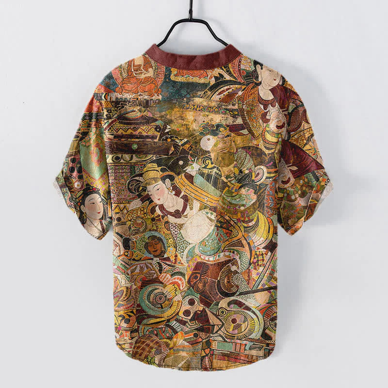 Buddha Stones Cotton Portrait Print Men's Short Sleeve Half Button Shirt