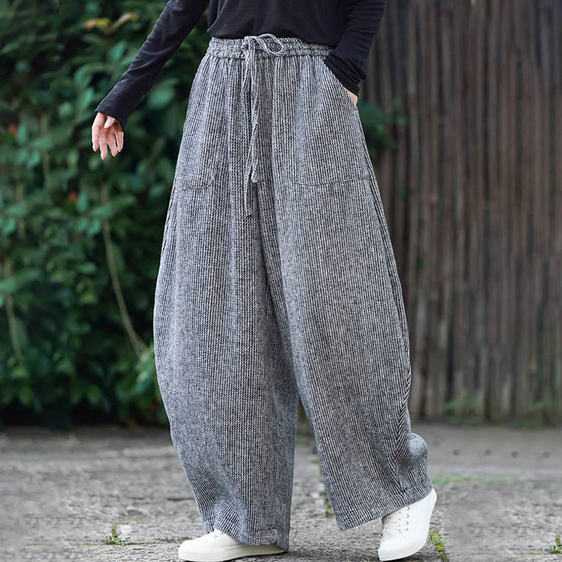 Buddha Stones Winter Men's Pure Color Drawstring Design Cotton High Waist Pants With Pockets