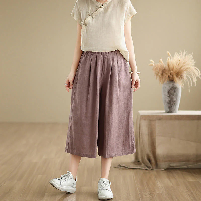 Buddha Stones Summer Solid Color Patchwork Simple Design Women's Cotton Wide Leg Cropped Pants With Pockets