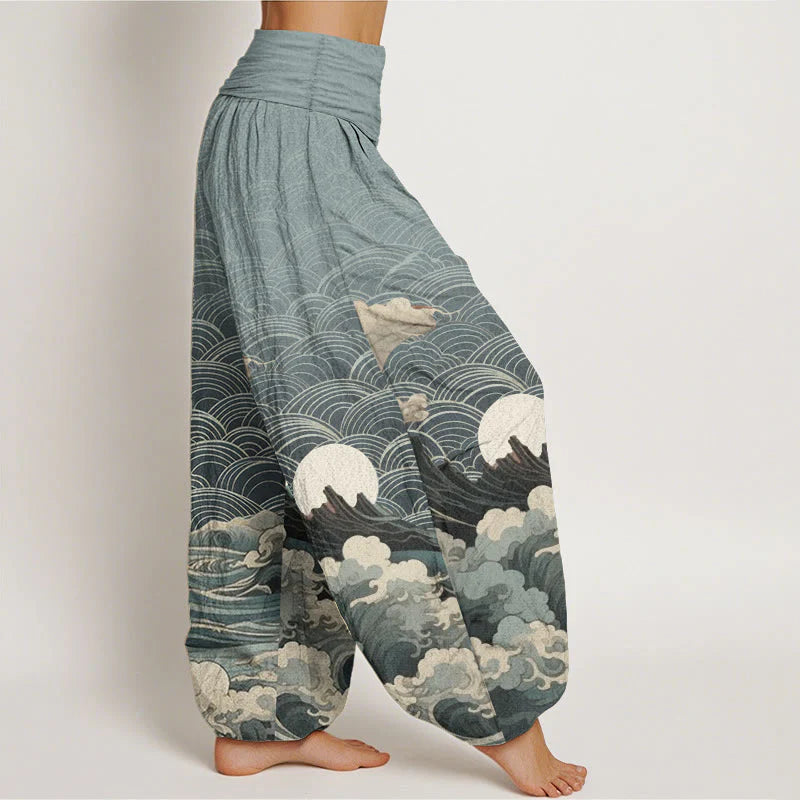 Buddha Stones Cotton Casual Wave Moon Mountain Pattern Women's Elastic Waist Harem Pants