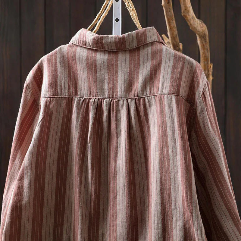 Buddha Stones Fall Vertical Stripes Button Down Stand Collar Long Sleeve Women's Cotton Shirt