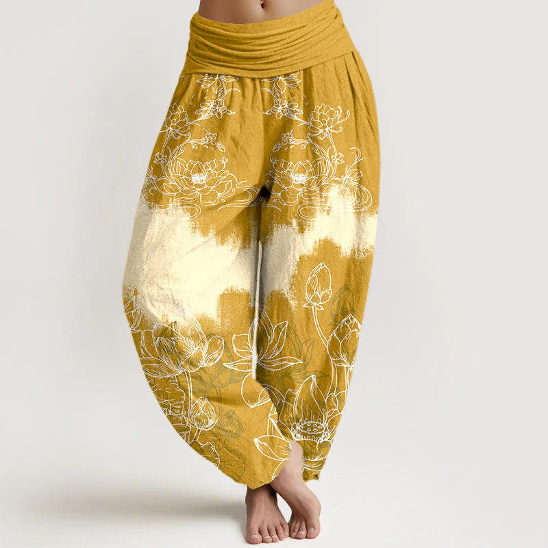 Buddha Stones Cotton Colorful Lotus Pattern Women's Elastic Waist Harem Pants