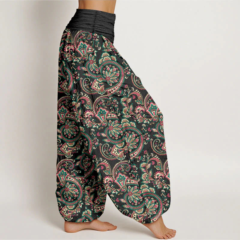 Buddha Stones Cotton Retro Complex Flowers Leaves Vine Pattern Women's Elastic Waist Harem Pants
