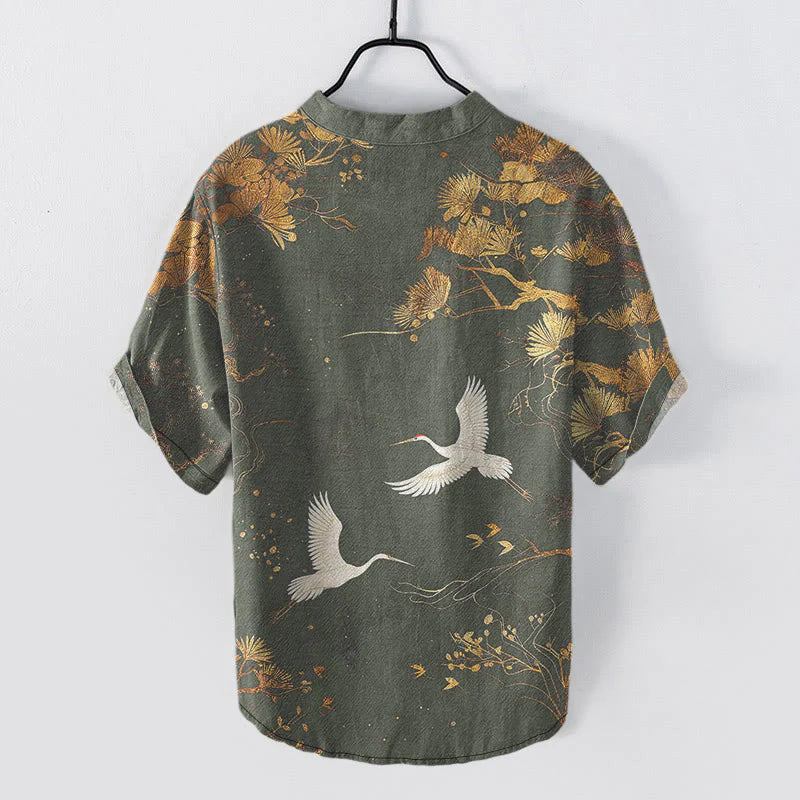 Buddha Stones Cotton Pine Tree White Crane Pattern Men's Short Sleeve Half Button Shirt