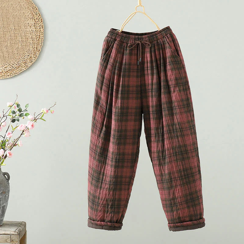 Buddha Stones Multi-color Plaid Pattern Cotton-padded Women's Harem Thermal Pants With Pockets