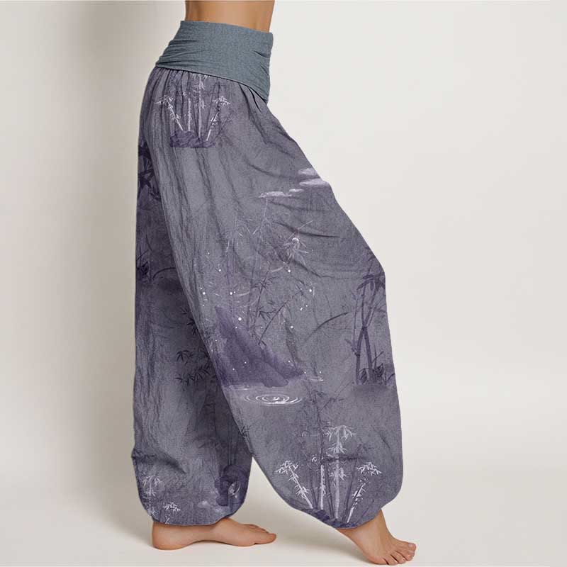 Buddha Stones Pure Cotton Casual Bamboo Rock Ink Painting Women's Elastic Waist Harem Pants