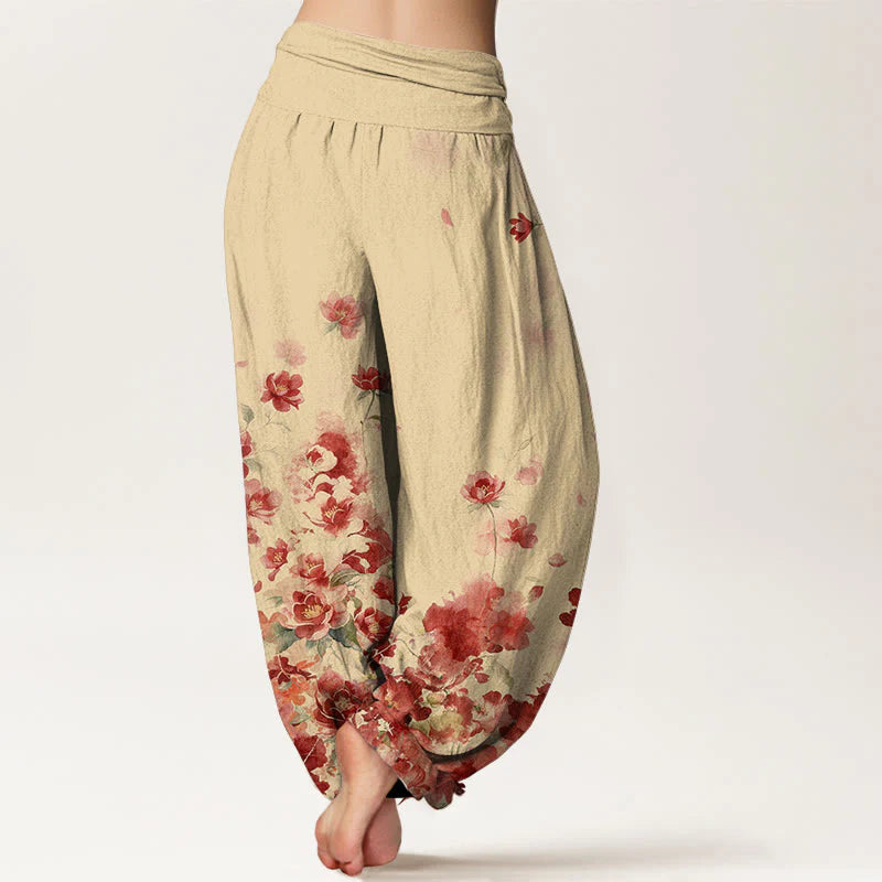 Buddha Stones Cotton Camellia Peony Blossom Pattern Women's Elastic Waist Harem Pants