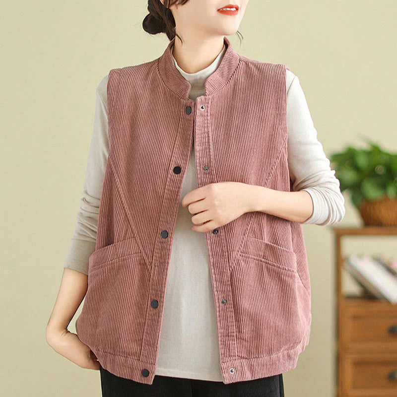 Buddha Stones Plain Sleeveless Women's Cotton Vest Corduroy Waistcoat With Pockets