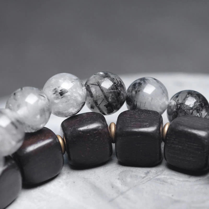Buddha Stones Ebony Wood Black Rutilated Quartz Copper Brass Double Wrap Balance Bracelet (Extra 30% Off | USE CODE: FS30)