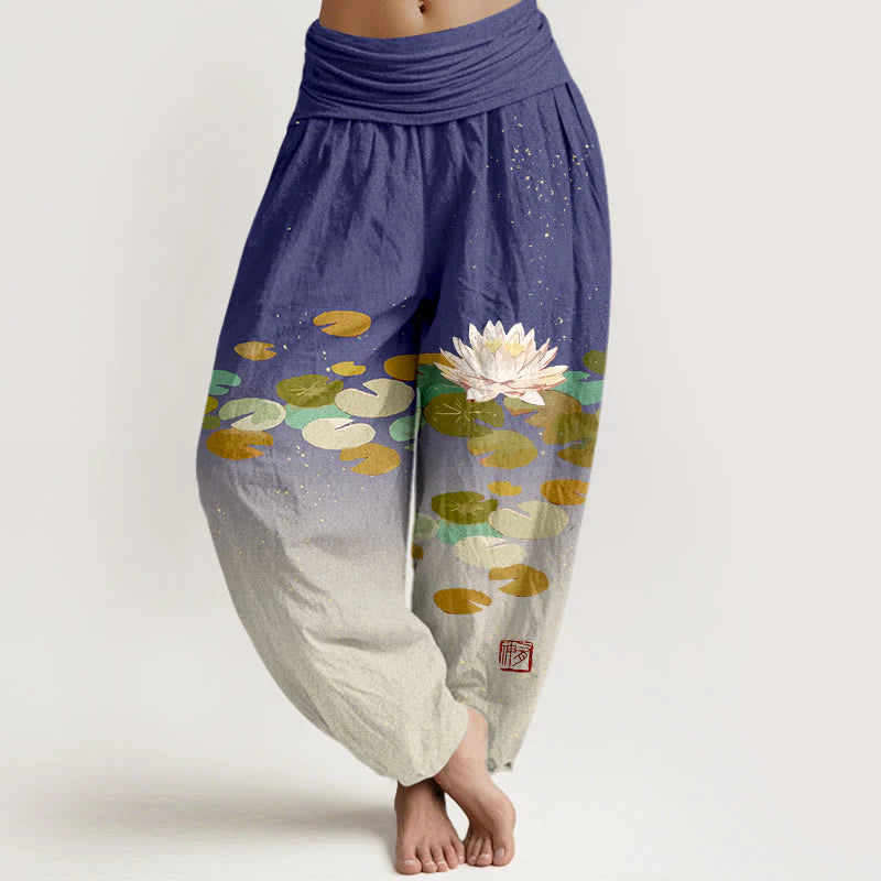 Buddha Stones Printed White Lotus Leaves Pattern Women's Elastic Waist Harem Pure Cotton Pants