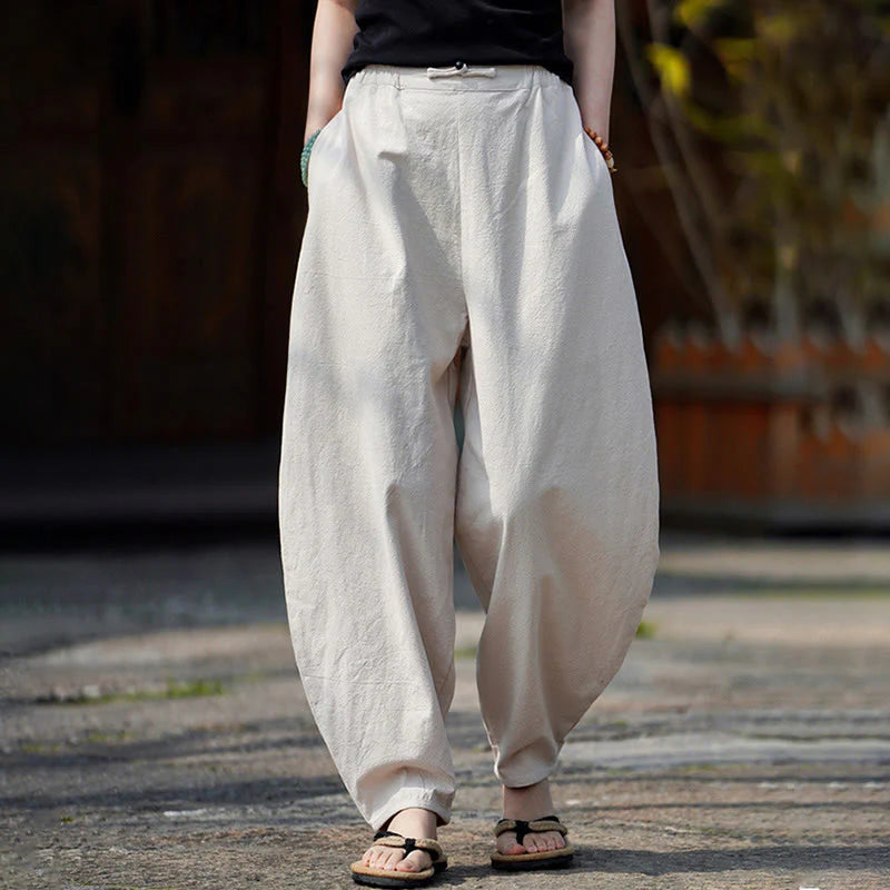 Buddha Stones Summer Plain One Chinese Frog-Button Straight Leg Design Men's Cotton Linen Pants With Pockets
