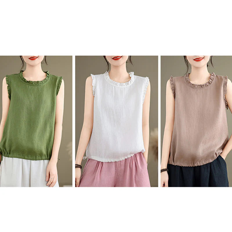 Buddha Stones Summer Ruffled Design Drawstring Crew Neck Cotton Linen Women's Sleeveless Vest